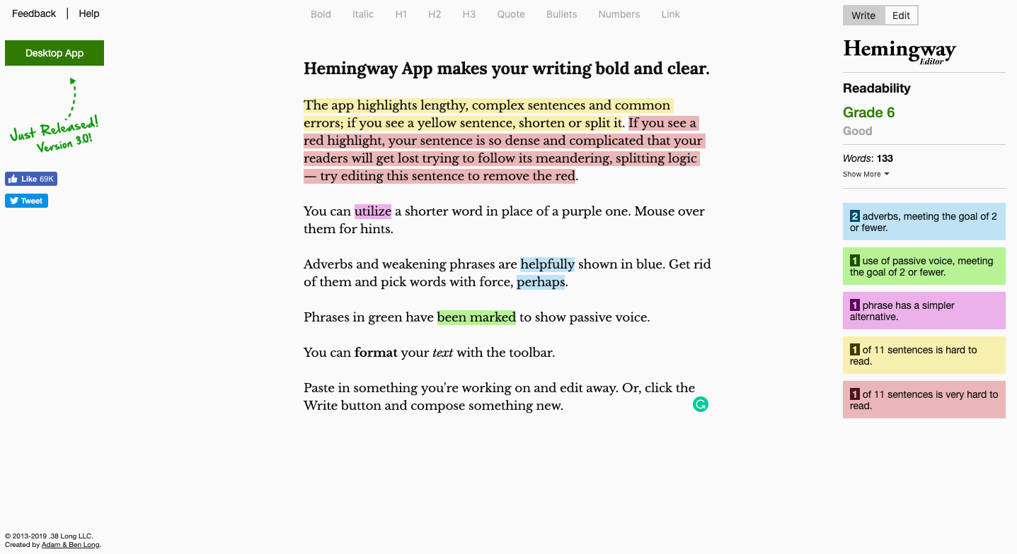 Hemingway editor homepage